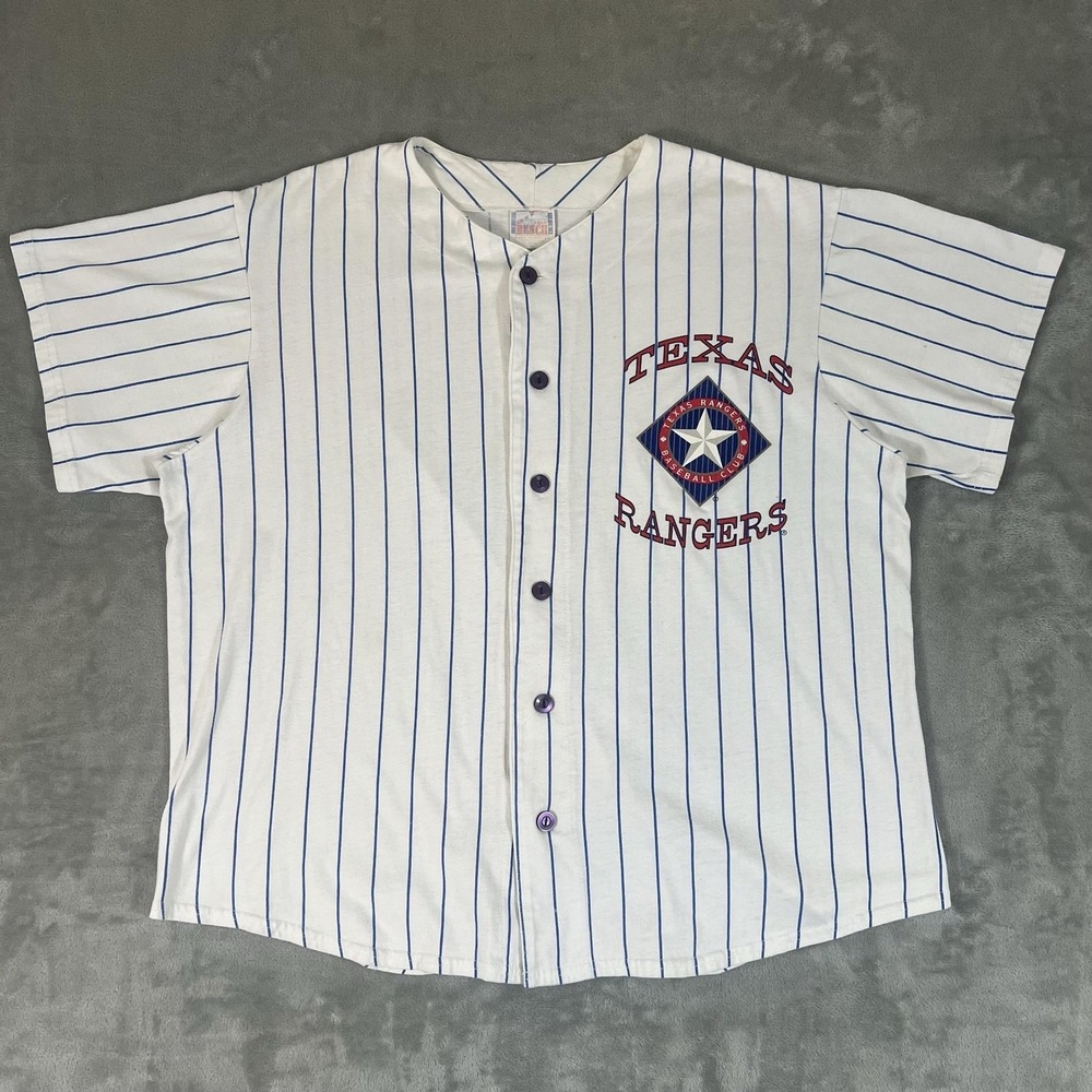 Vintage Texas Rangers Jersey Mens XL White Blue Pinstripe Off The Bench
